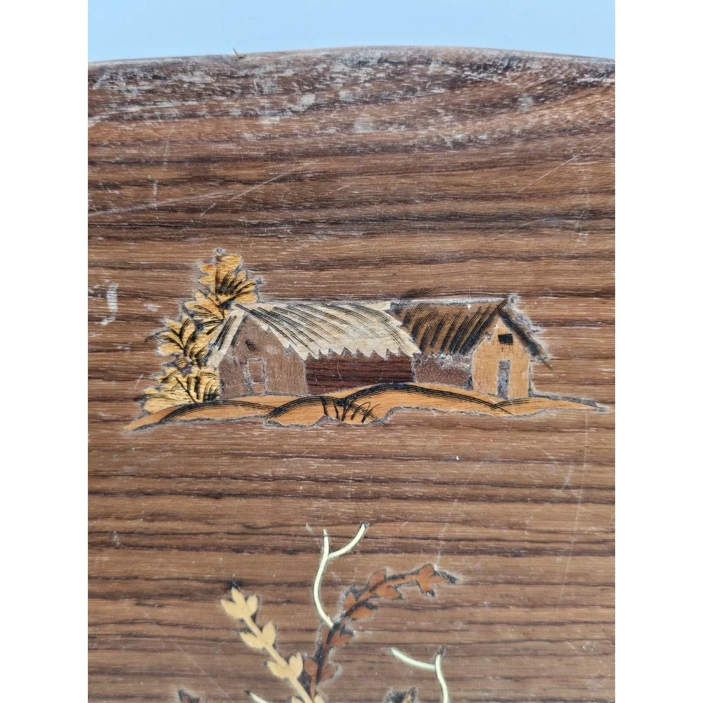 Vintage Wood Inlay Scene Ox Cart Farmer Rustic Farmhouse Decor‎